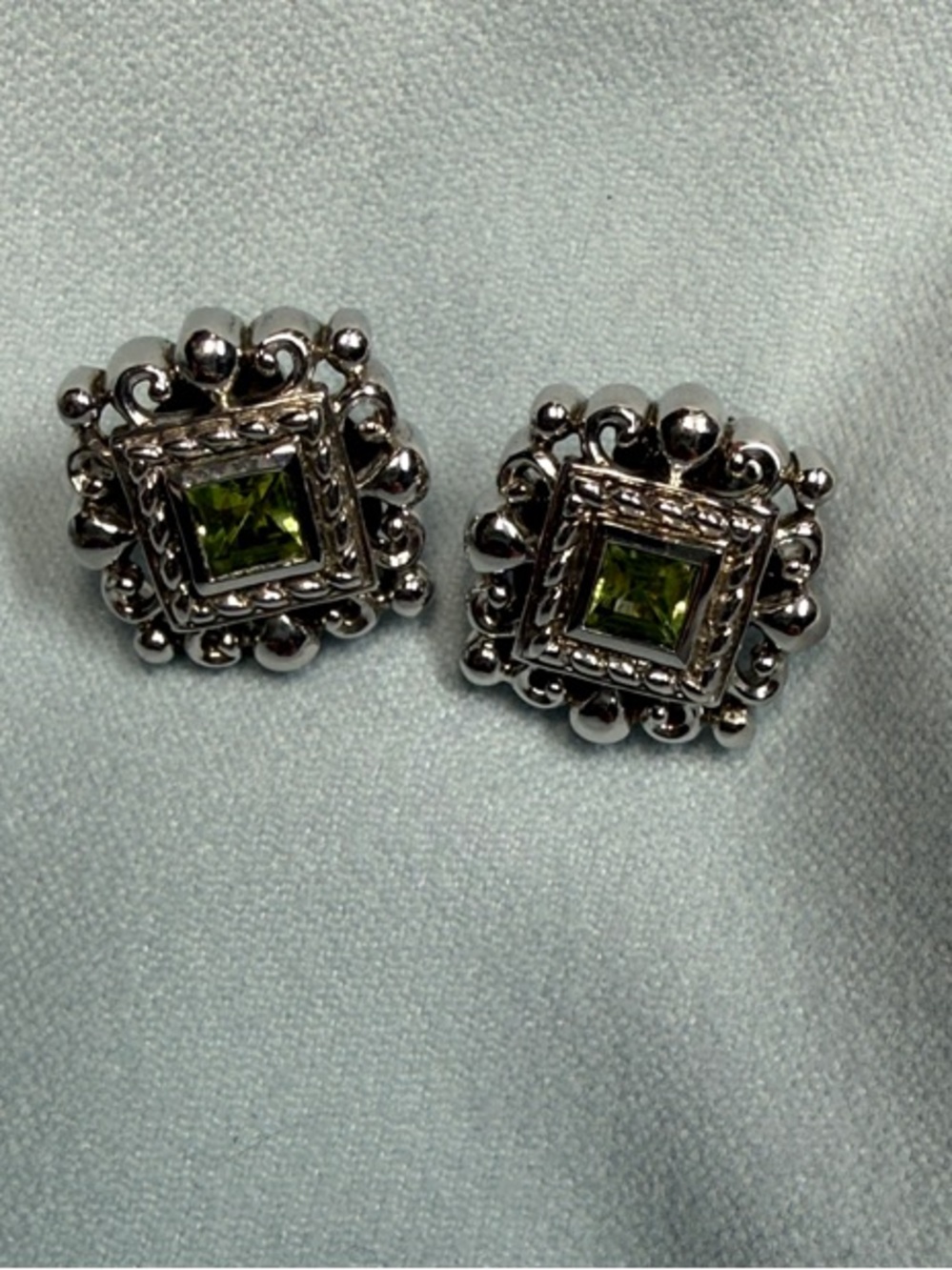 Sterling Silver Square Peridot Stud Earrings - Green Gemstone